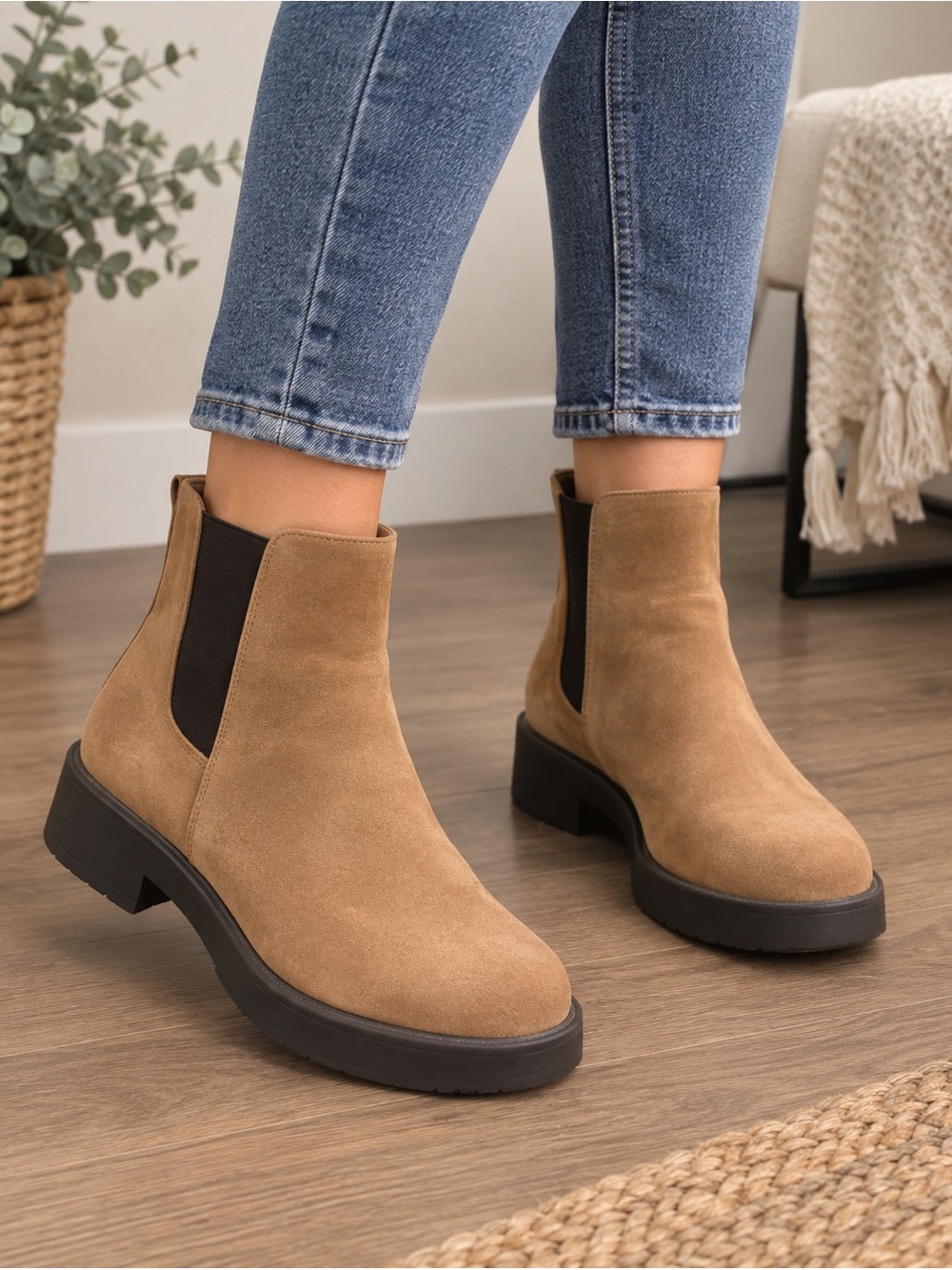Old Navy Tan Suede Chelsea Ankle Boots with Black Elastic